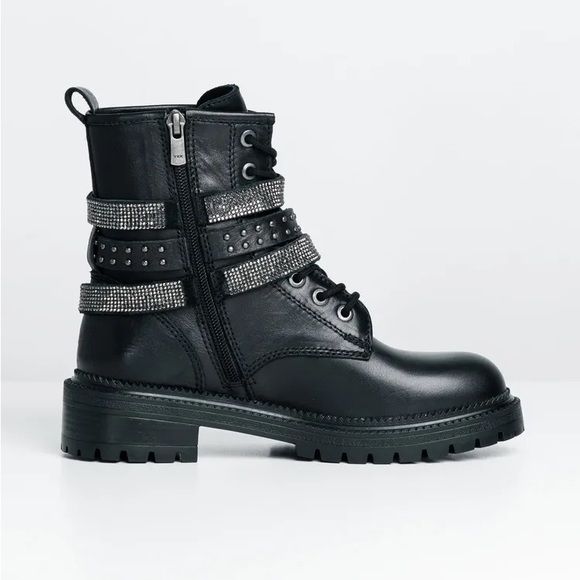 Black Studded Rhinestone Combat Moto Boot - Picture 3 of 8